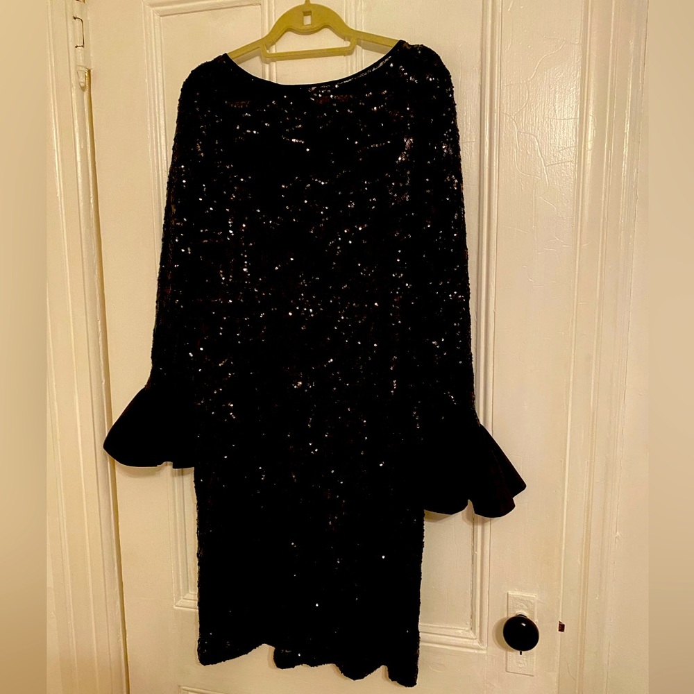 Terri Jon by Ricki Freeman  sparkling A line long satin bell sleeves .